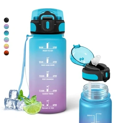 Image de Gourde pour enfants, bouteille d&#039;eau 0,5 litre, avec paille, sans fuite, de motivation échelle temps, facile à transporter, sport, école, camping,