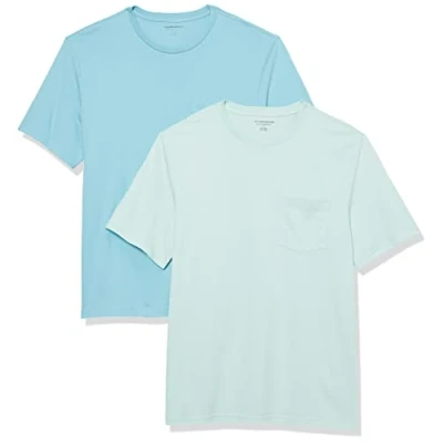 Image de Amazon Essentials Lot de 2 t shirts à manches courtes et col rond pour homme, coupe classique, bleu turquoise/bleu clair, taille XS