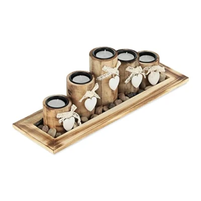 Afbeelding van Relaxdays Set van 5 theelichthouders met dienblad en stenen, 39,5 cm lang, kandelaars, tafeldecoratie voor woonkamer eettafel, bruin