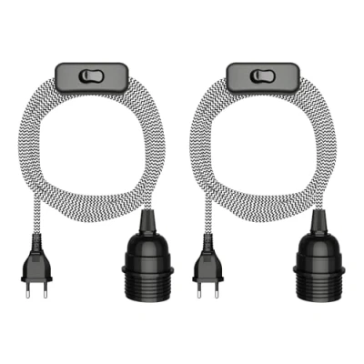 Afbeelding van ledscom.de 2 stuks LEKA textielkabel, stekker, schakelaar, zwart, wit, gekarteld, 3 m, lampfitting, 1 x E27 max. 60 W