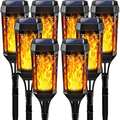 Afbeelding van Joltix Vlamlicht op zonne energie voor buiten, 12 leds, waterdicht, zonnelamp, flikkerende tuinfakkel decoratie, zonnelamp met realistische vlammen terras, paden (8 stuks)