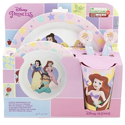 Afbeelding van Herbruikbare serviesset voor kinderen en magnetron, bestaande uit bekers, borden, kommen bestek van Disney prinsessen