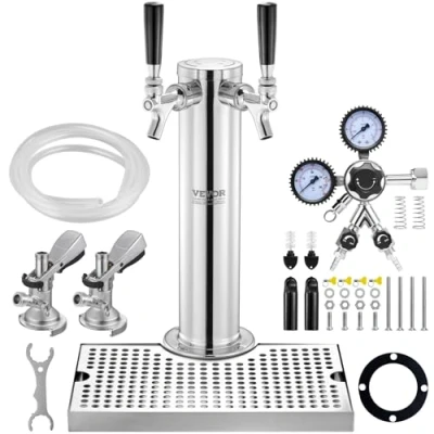 Image de VEVOR Kit Colonne à Bière Double Robinet, Distributeur de Boisson en Acier Inoxydable, Tireuse avec Régulateur Jauge W21,8 et Coupleur Fût Système A, pour Bar Restaurant