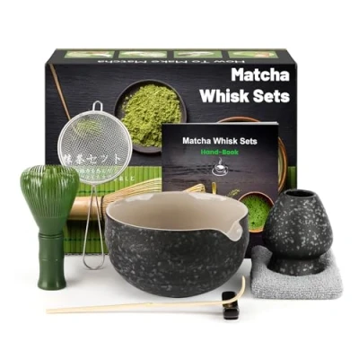 Afbeelding van ensemble de fouet à matcha, thé japonais avec balai bol matcha et porte en céramique, cuillère passoire, serviette thé, accessoires pour (7 pièces