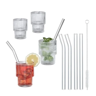 Afbeelding van Relaxdays drinkglazen set van 4 210 ml geribbeld vaatwasserbestendig retro