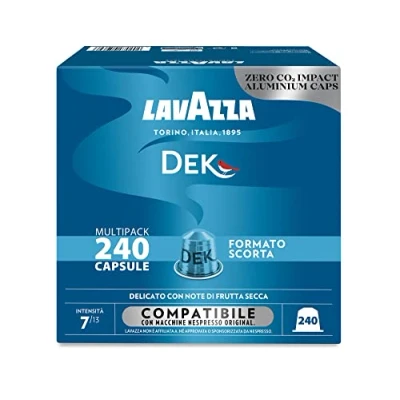 Image de Lavazza, Espresso Dek, Lot de 240 capsules café en aluminium compatibles avec machines Nespresso* Original, notes fruits secs et chocolat, arabica robuste, intensité 7/13, torréfaction