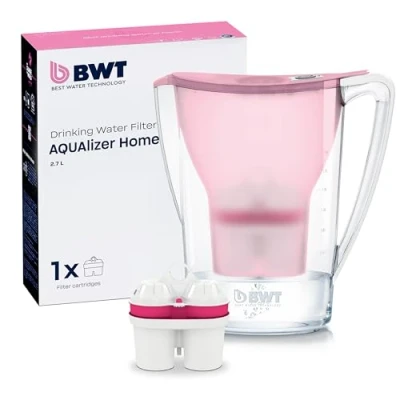 Afbeelding van BWT AQUAlizer Home Waterfilter met 1 magnesiumfilterpatroon, drinkwaterfilter, voor levensmiddelen en dranken, filtert kalk, chloor, lood koper, roze