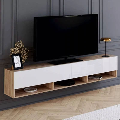 Image de Meuble TV 180 cm suspendu ELIO 2 portes avec étagère bois et blanc