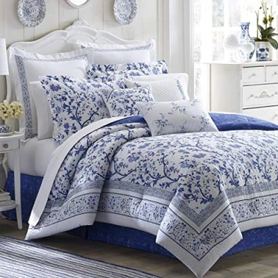 Afbeelding van Laura Ashley Luxe beddengoed set, superzacht, licht en comfortabel, stijlvol design voor huisdecoratie, katoen, charlotte blauw, queensize