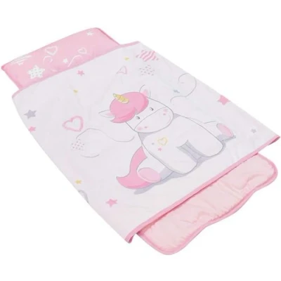 Image de Tapis de sieste rose et blanc motif licorne facile à transporter