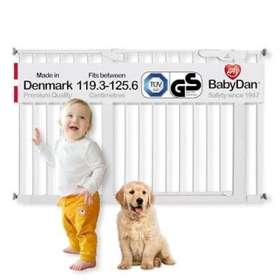 Afbeelding van BabyDan Premium Extra groot traphekje met druk voor trappen, 119,3 tot 125,6 cm, baby veiligheidshek, metaal, wit, gemaakt in Denemarken (dierenbarrière