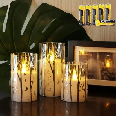 Afbeelding van Rhytsing Set van 3 led kaarsen glas, werkt op batterijen, met timer, vlamloos, lente en zomerdecoratie, batterijen inbegrepen, berkenmotief