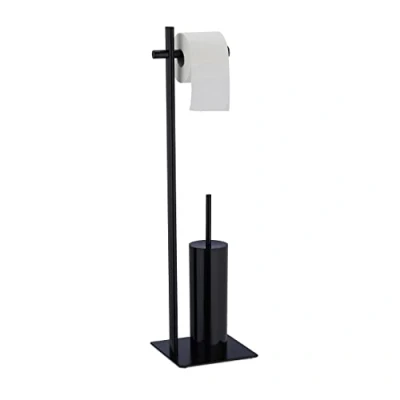 Afbeelding van Relaxdays toiletaccessoires set zwart toiletrolhouder staand wc borstelhouder staal