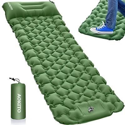 Afbeelding van AOKITO Zelfopblazend isolatiematras voor camping, outdoor, ultralicht luchtmatras, duurzaam campingmatras, opvouwbaar veldbed met kussen wandelen, outdoor (olijfgroen)