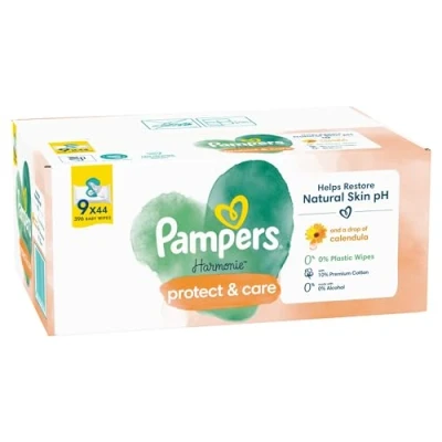 Image de Pampers Harmonie Protect &amp; Care Lot de 9 paquets 44 lingettes humides = 396 humides, aident à restaurer le pH naturel la peau, avec une goutte calendula