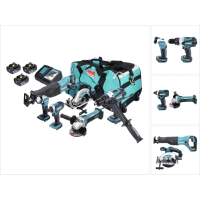 Afbeelding van Makita DLX 6046 Akku Kombo Kit 18 V DGA 452 + DHP 458 DJR 186 DML 802 DSS 610 DTD 152 3x 3,0 Ah Ladegerät Tasche