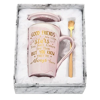 Afbeelding van Vriendschapscadeaus voor vrouwen koffie mok set met geschenkdoos Good Friends are Like Stars, Best Friend Cadeaus meisjes 14 oz roze marmeren theekopje, zustercadeaus haar, meisjes, vrienden verjaardag