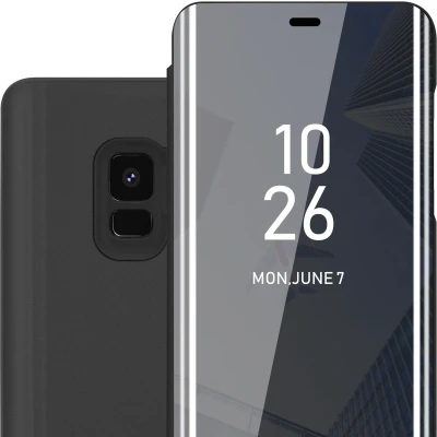 Afbeelding van Cadorabo Hoesje geschikt voor Samsung Galaxy S9 in TOERMALIJN ZWART Clear View Spiegel Beschermende Case met Tribunefunctie 360 Graden Bescherming Book Cover Etui