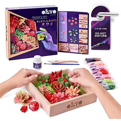Afbeelding van Okto 3D kunstwerk Sensory Art Wood&amp;craft creative set succulents Klei artist