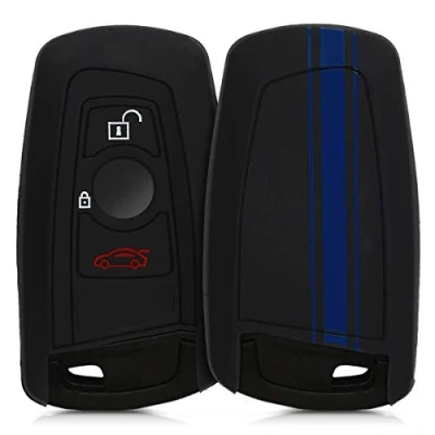 Afbeelding van kwmobile Autosleutel hoesje geschikt voor BMW 3 knops draadloze (alleen Keyless Go) behuizing in blauw / zwart Rallystrepen design