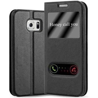 Afbeelding van Cadorabo Hoesje geschikt voor Samsung Galaxy S6 EDGE in KOMEET ZWART Beschermhoes met magnetische sluiting, standfunctie en 2 kijkvensters Book Case Cover Etui