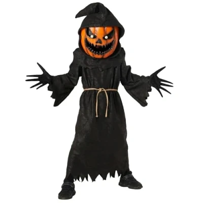Afbeelding van Morph kostuum pompoen, Magere Hein, vogelverschrikker, griezelig, kinderen, Halloween voor maat L
