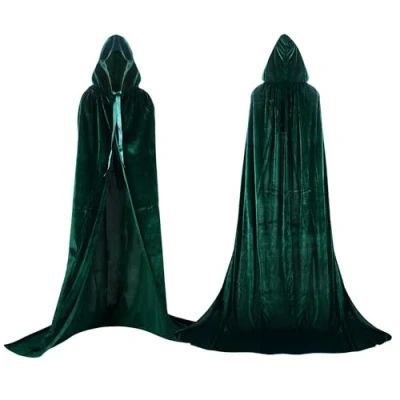 Afbeelding van Proumhang Groene cape met capuchon, lang fluwelen kostuum, Halloween, carnaval, kerstkostuum, volwassenen, mannen, vrouwen