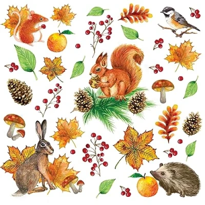 Afbeelding van 20 stuks papieren servetten met bladeren en herfstdieren, ideaal voor decoupage servettechniek, 33 x cm