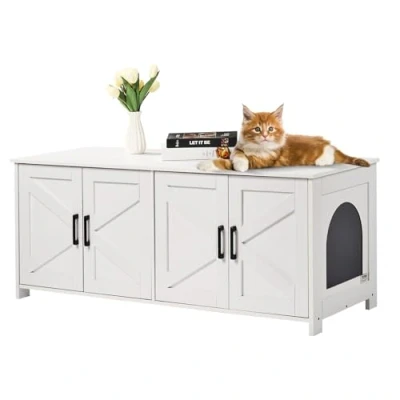 Image de VEVOR Meuble Cache Bac à Litière pour 2 Chats Armoire Toilette Bois Chat Blanc