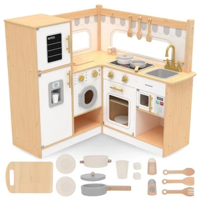 Afbeelding van Mamabrum Houten keuken voor kinderen 3+, interactief, hoek, groot fornuis met accessoires, koelkast, magnetron, oven, wasmachine en potten