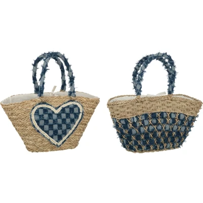 Afbeelding van J Line strandtas Hart/Patroon Denim zeegras naturel/blauw 2 stuks