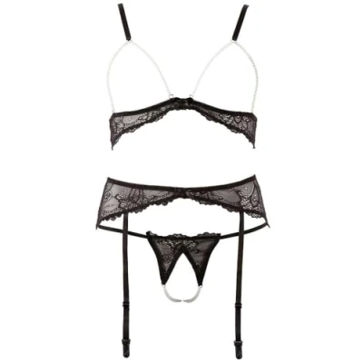 Afbeelding van Abierta Fina Open lingerie set met parel afwerking Maat XL Zwart