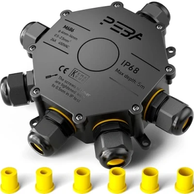 Afbeelding van PEBA® IP68 waterdichte aftakdoos voor buiten, elektrische connector, aansluitdoos, aansluitdoos 6 weg kabel met een diameter van 4 14 mm, zwart
