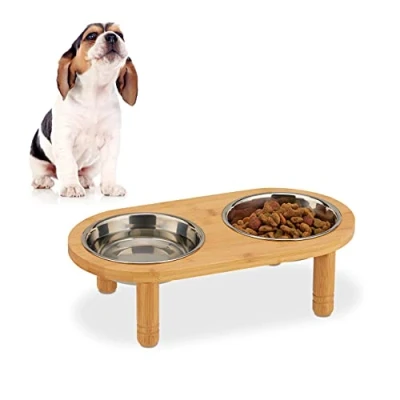 Afbeelding van Relaxdays voerbak hond met standaard hondenvoerbak drinkbak voederbak bamboe &amp; rvs
