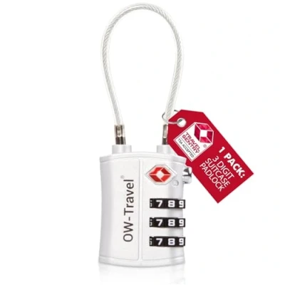 Afbeelding van OW Travel TSA kabelslot voor koffer. Hangslot 3 cijferige code diefstalbeveiliging bagage kluisje opslag tent camping combinatie USA. Accessoires reizen vliegtuig: kofferslot