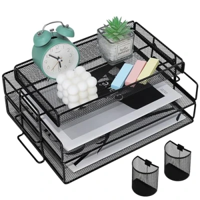 Afbeelding van metalen mesh dienblad voor kantoor, bureau organizer met 2 brievenbakjes bovenste schrijfwarenhouder, school en thuis