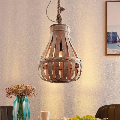 Afbeelding van Lindby Hanglamp 1licht rotan, kabel, staal E27 gebrand staal, licht hout
