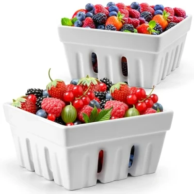 Afbeelding van MIAMIO Set van 2 keramische fruitmanden / leuke keuken fruitschaal met afdruipgaten opbergdoos voor aardbeien