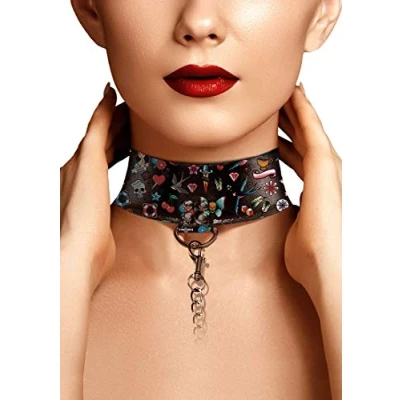 Afbeelding van Ouch! Leren Bondage Halsband Collar met Ketting Old School Tattoo Style Zwart