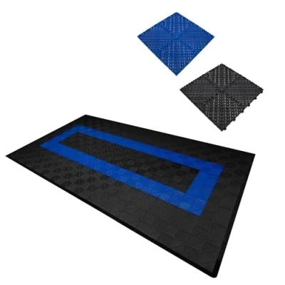 Afbeelding van Modulaire geventileerde kliktegels 90 zwart en 30 blauw 3,2m x 6m, polypropyleen, antislip, weerbestendig, 5 ton per tegel, inclusief randen, ideaal voor garage werkplaatsen.
