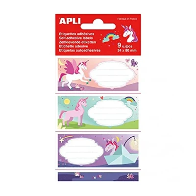 Afbeelding van Apli Unicorni schooletiketten, 89 x 36 mm, meerkleurig, 9 stuks