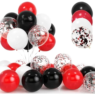 Afbeelding van 30 stuks rode en zwarte ballonnen, confettiballonnen van cm, witte heliumlatexballonnen met lint voor verjaardag, bruiloft, babyshower, feestdecoraties
