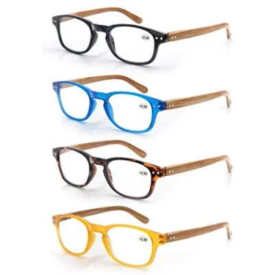 Afbeelding van MODFANS 4 paar leesbrillen, 2,25 mm, voor dames en heren, comfortabel frame, licht, helder zicht, modieus vergrootglas, veerhanger met houteffect, zwart/blauw/geel