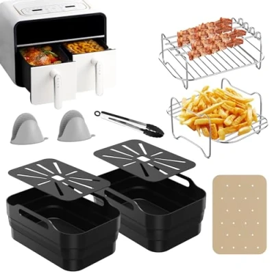 Afbeelding van Ankway Ninja AF500EU 10 stuks heteluchtfriteuse accessoires, 2024, Dual Airfryer accessoires voor Foodi FlexDrawer 10,4 l, 7 in 1 Released Liner &amp; Rekken