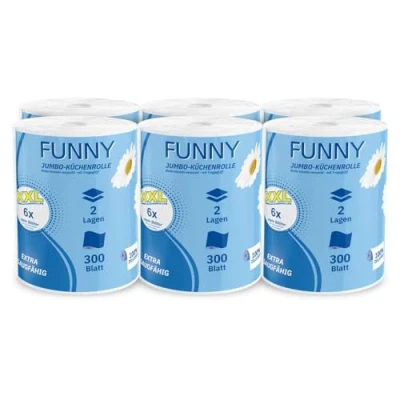Afbeelding van Funny Jumbo 6 rollen XXL keukenhanddoeken, 2 laags, 100% absorberende cellulose, 300 vellen/rol, met draaggreep, 22,4 x 21 cm, ideaal voor keuken, badkamer en