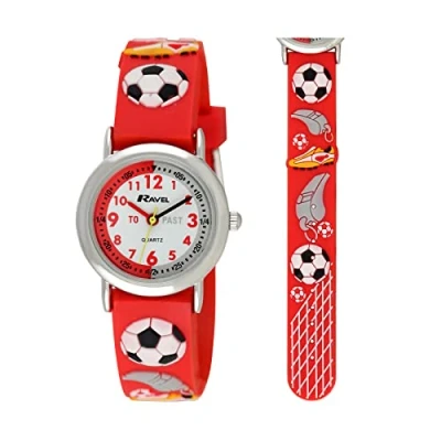 Afbeelding van Ravel TFV8 Tijd Leren Horloge voor Kinderen, Rode Voetbal, voetbal.,