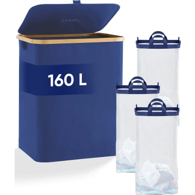 Afbeelding van DARI. wasmand 3 vakken Wassorteerder 160L met uitneembare zakken blauw knopen