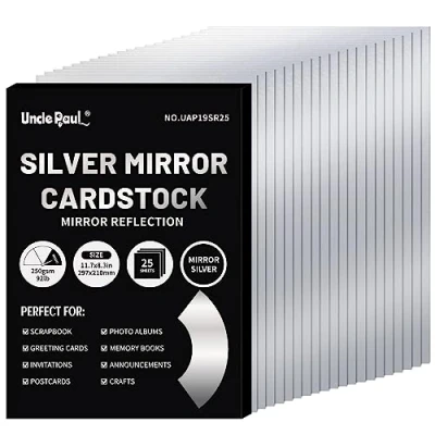 Afbeelding van Uncle Paul Zilver spiegelkarton A4, 25 vellen 250 g/m² metallic reflecterend papier voor doe het zelfprojecten, geschenkverpakking UAP19SR25