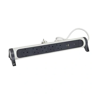 Afbeelding van Legrand, Roterende stekkerdoos, 5 voudig, USB A en C poort, geïntegreerde overspanningsbeveiliging met statusindicator (SPD), 1,5 m kabel, wit donkergrijs, 694510