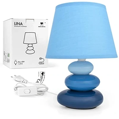 Afbeelding van Lina Nachtlampje (blauw) keramische tafellamp met stoffen kap, geschikt voor led, E14, 230 V keramiek [energieklasse A++], tafellamp, bedlamp, banklamp
